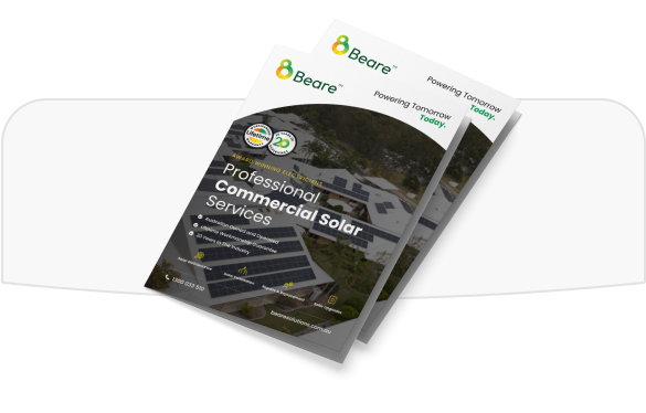 Beare Brochure cover promoting solar power systems, battery storage and electrical services Queensland