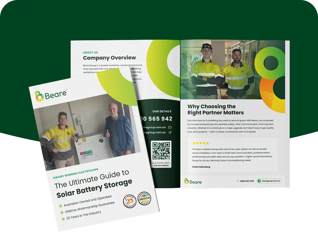 The Ultimate Comprehensive Guide ebook cover from Beare Group on solar power and battery storage