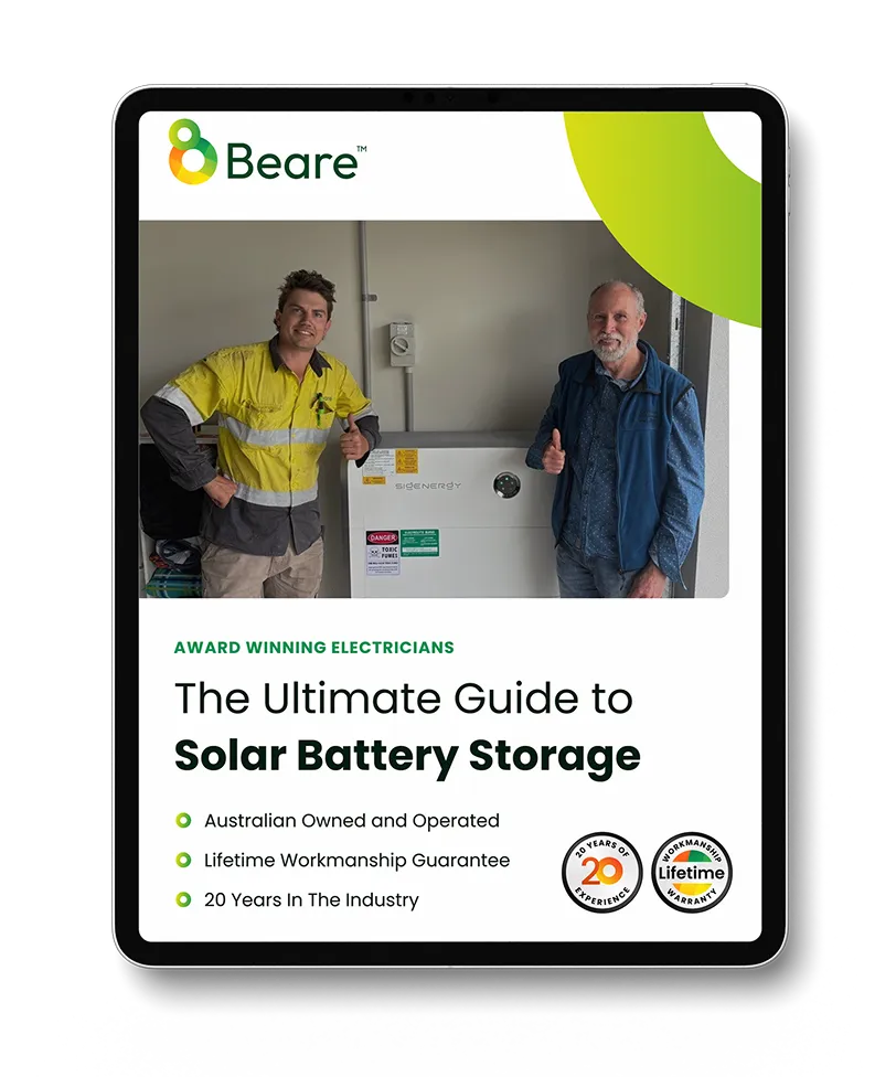 Ultimate Guide ebook cover from Beare Group offering expert advice on solar power and battery storage Queensland